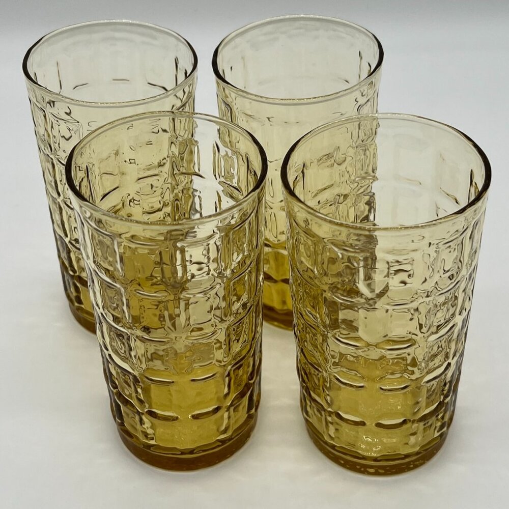 Vintage 70s Libbey Pisa Amber Windowpane Tumbler Glasses Set of 4